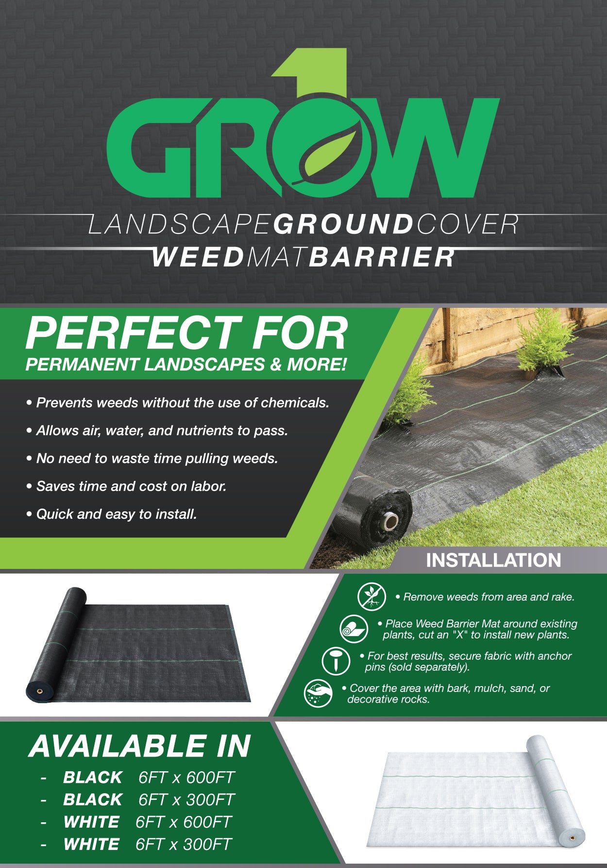 6'x300' – Barrera de estera contra malezas para cubierta de suelo de paisaje negro