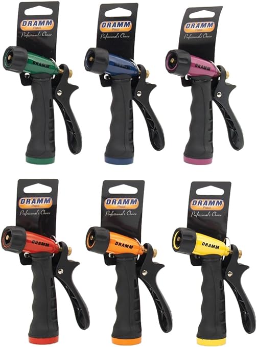 Dramm® Touch 'N Flow Pistol™ Nozzle - Adjustable - Mist to Jet Stream - Assorted Colors : Red, Orange, Yellow, Green, Blue & Berry - Carded